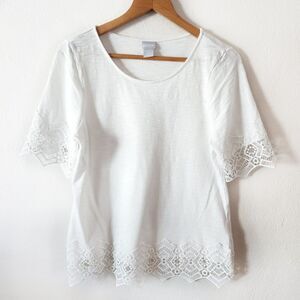 Chico’s Women’s White Cotton Slub Lace Trim Sleeve Tee Shirt Top Blouse Size 0 S